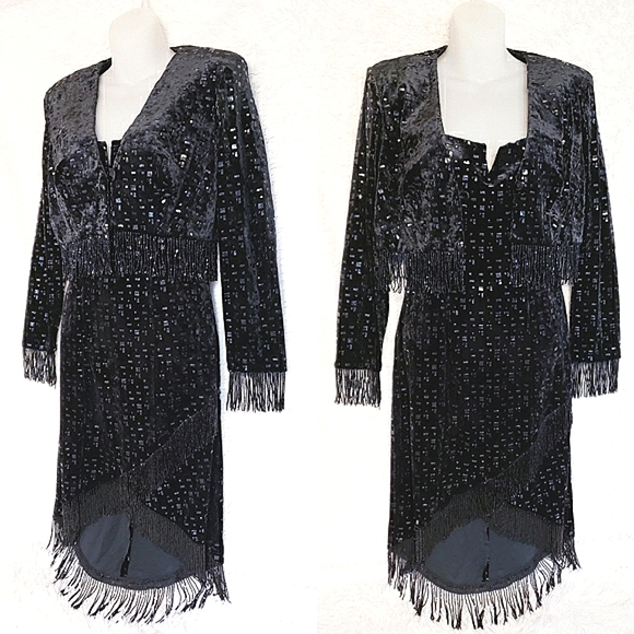 Black Beaded Velvet Leather Dress with Jacket 80s Vintage Italian Couture - Picture 3 of 15